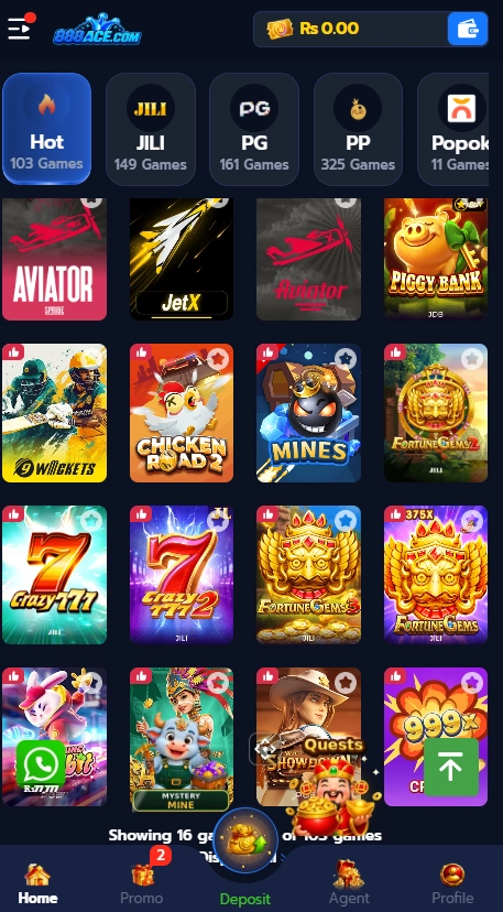 888Ace Game Main Lobby Interface
