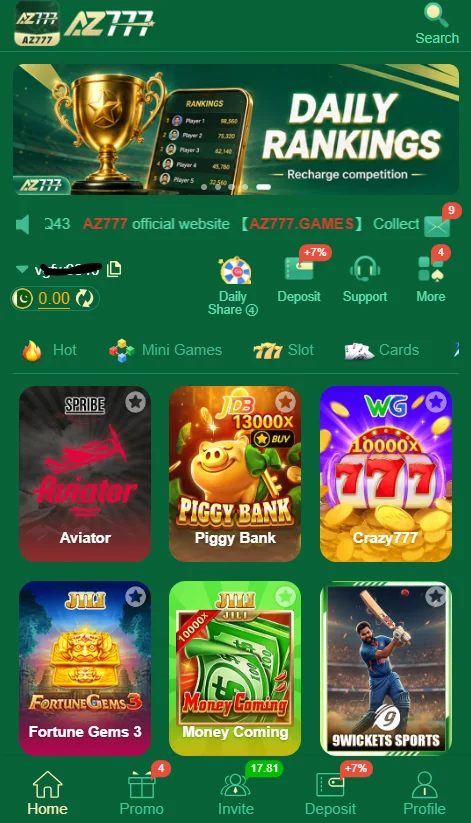 Az777 Game APK Main Lobby Display