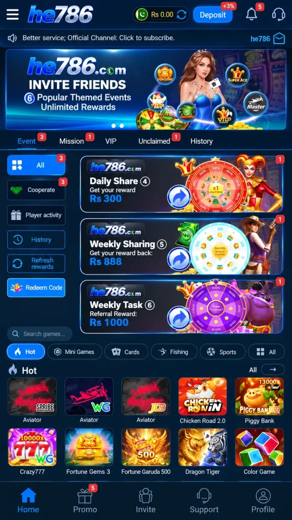 Player786 Game APK Dashboard Interface