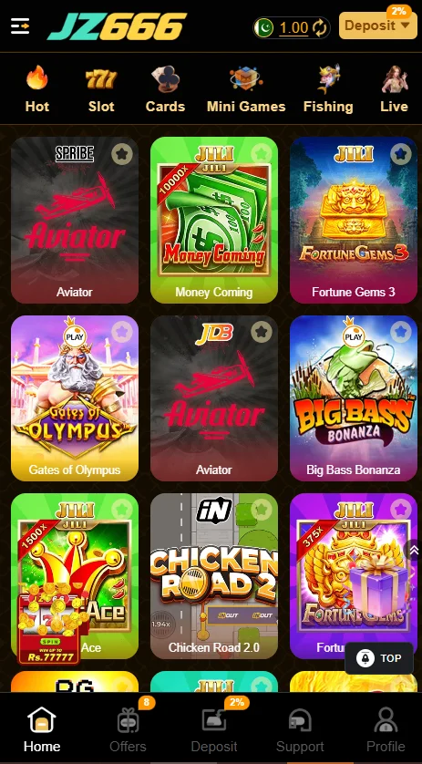 JZ666 Game APK Main Dashboard Interface