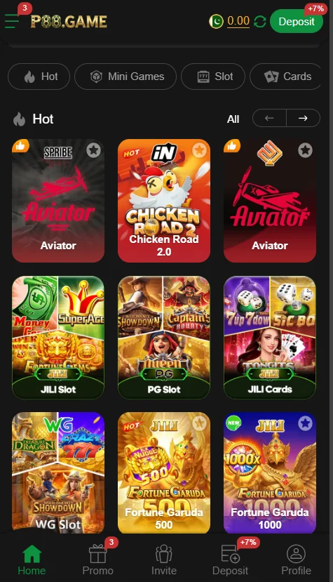 P88 Game APK Main Dashboard Interface