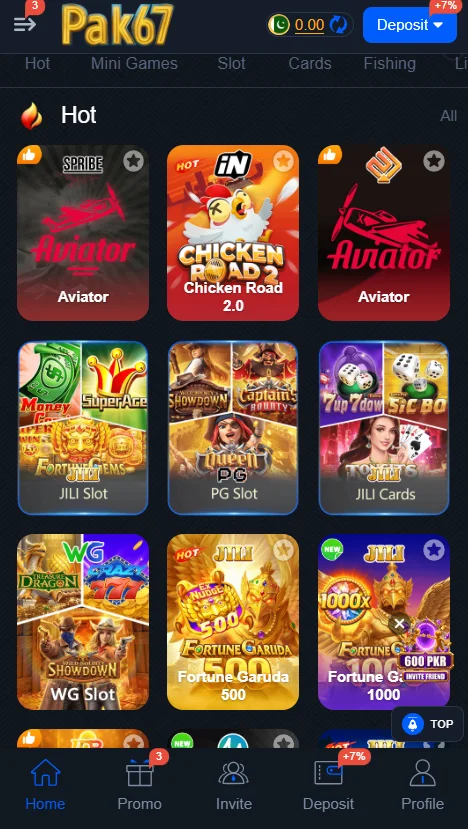 PAK67 Game APK Main Dashboard Interface