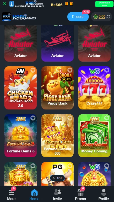R988 Game Main Dashboard Interface