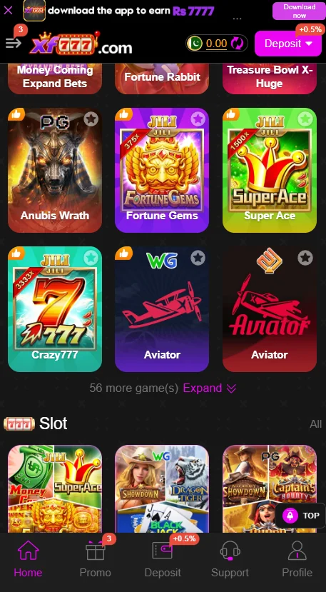 XF777 Game main dashboard Interface
