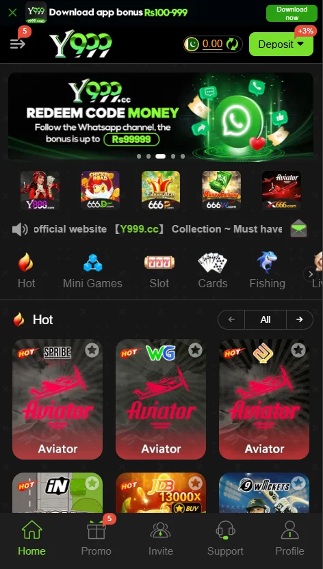 Y999 Game online Main Lobby Interface
