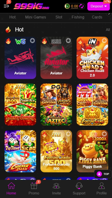 999ig Game Main Dashboard Interface